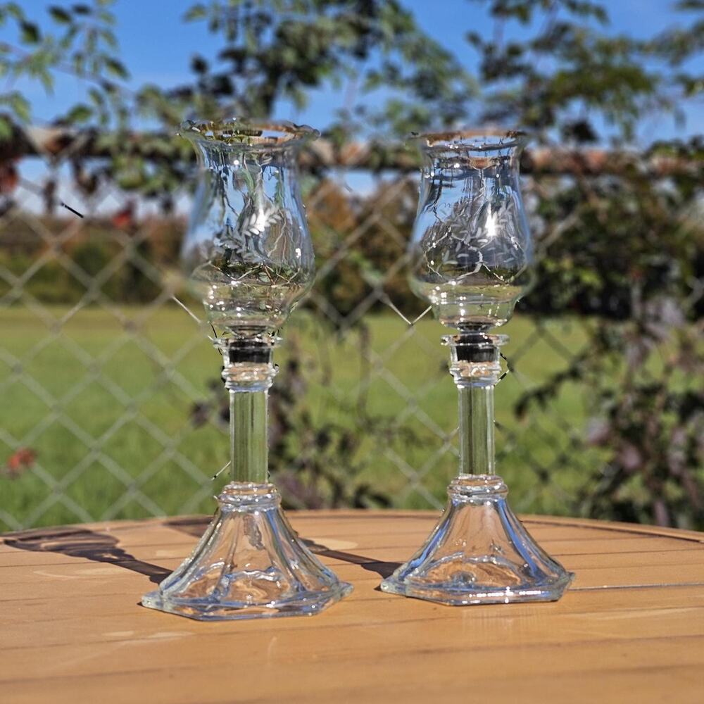 Vintage Homco Candlestick Holders with Clear Etched Glass Hurricane Votives
